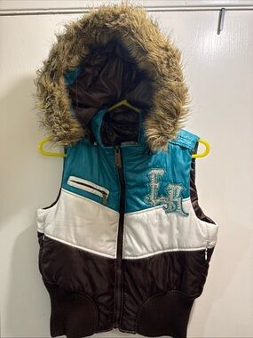 EckoRed Y2K Vintage  baddie Quilted Jacket with Teal Accents fur hood removable